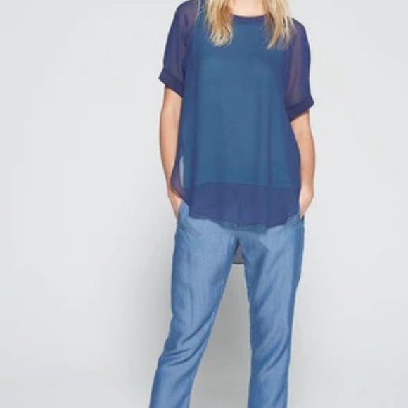 Cop.Copine Espo Top Navy/Green Semi Sheer Multi Layer Blouse - Picture 1 of 10